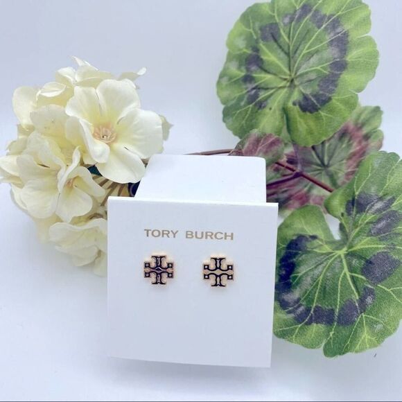 NWOT Tory Burch Gold Logo, Black Outline Kira Stud Earrings - Picture 9 of 11
